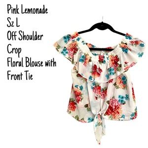 Pink Lemonade Off the Shoulder Pink/Blue Floral Crop Blouse with Front Tie Sz L